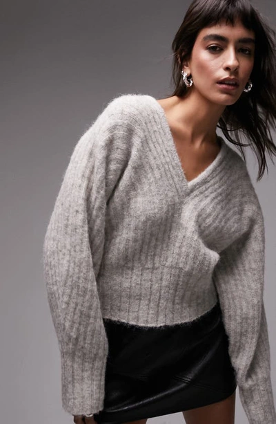 Topshop Knitted Ovoid Sleeve Rib Sweater In Oat-neutral