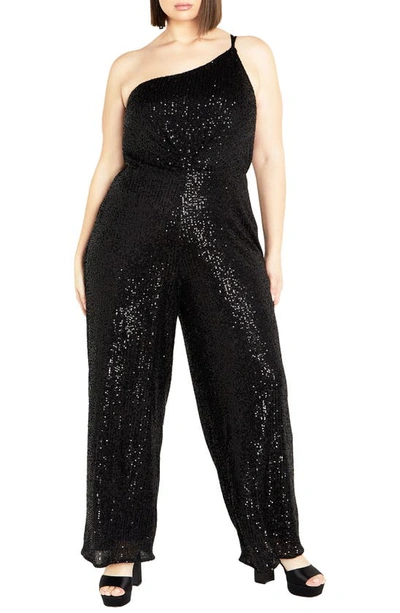 City Chic Savanna Sequin One-shoulder Jumpsuit In Black