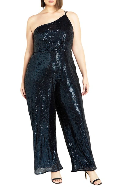 City Chic Savanna Sequin One-shoulder Jumpsuit In Petrol