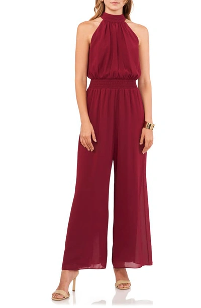 Vince Camuto Tie Neck Chiffon Overlay Wide Leg Jumpsuit In Crisp Merlot