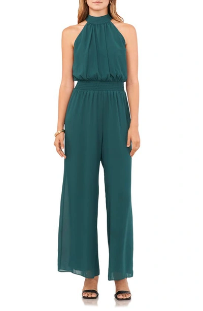 Vince Camuto Tie Neck Chiffon Overlay Wide Leg Jumpsuit In Deep Forest