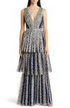 MARCHESA NOTTE METALLIC EMBROIDERY TIERED GOWN