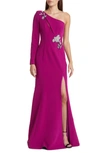 MARCHESA NOTTE FLORAL ONE-SHOULDER LONG SLEEVE GOWN