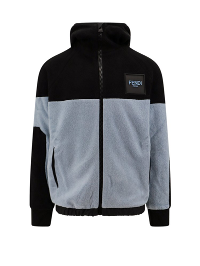 Fendi Fleece Logo Patch Zipped Hoodie In Blue