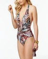 KENNETH COLE PURE INSTINCTS PRINTED TWIST PLUNGING TUMMY-CONTROL ONE-PIECE SWIMSUIT WOMEN'S SWIMSUIT