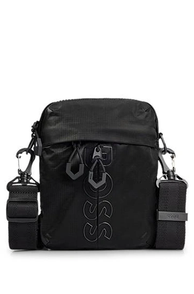 Hugo Boss Coated-velour Cross-body Bag With Outline Logo In Black
