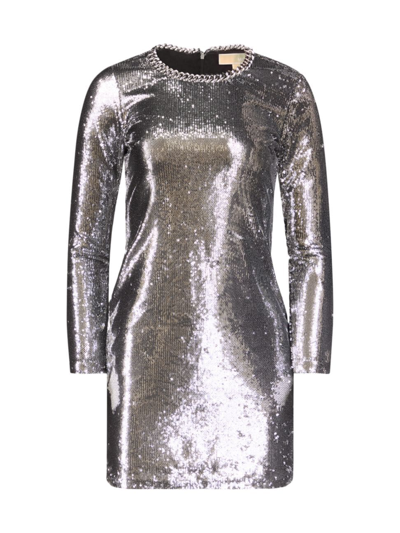 Michael Michael Kors Women's Sequined Long-sleeve Minidress In Black Silver