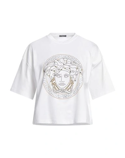 Versace Woman T-shirt White Size 4 Cotton, Metal, Glass