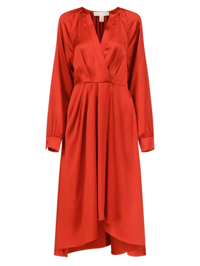 Michael Michael Kors Women's Satin Faux-wrap Midi-dress In Crimson