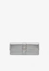 Manolo Blahnik Caprilong Crystal Buckle Clutch In Nappa Leather In Silver