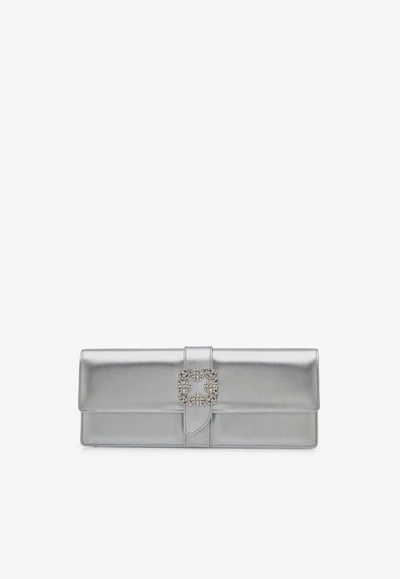 Manolo Blahnik Caprilong Crystal Buckle Clutch In Nappa Leather In Silver