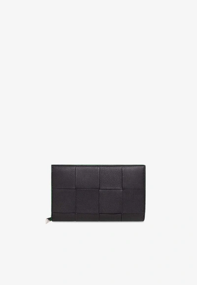 Bottega Veneta Cassette Zip-around Intreccio Leather Wallet In Black