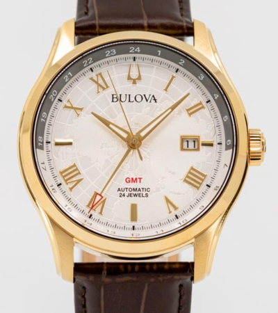 Pre-owned Bulova Wilton Gmt Automatic Sapphire Gold Tone Silver White Dial Watch 97b210