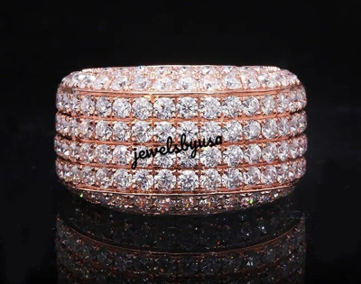 Pre-owned Nsg Mens Genuine Moissanite 4 Row Half Eternity Ring 14k Rose Gold Plated Silver In White