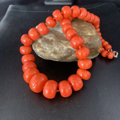 Pre-owned Handmade Usa Womens Navajo Graduated Bamboo Coral 1 Strand Sterling Necklace 22" 13523 In Orange