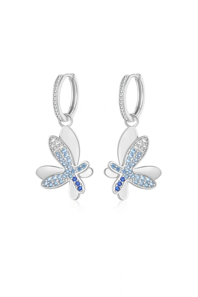 Classicharms Silver Gradient Blue Pavé Diamond Butterfly Dangle Drop Hoop Earrings