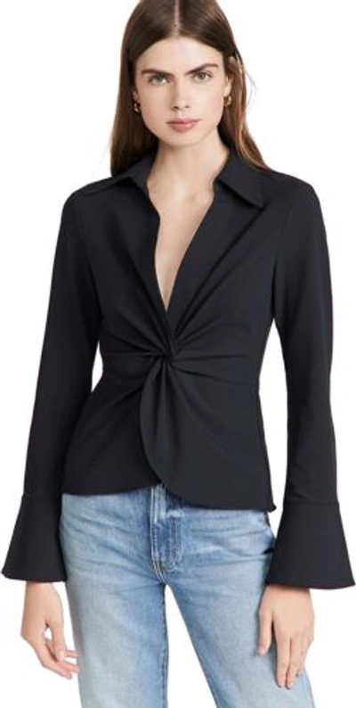 Pre-owned Cinq À Sept Women Mckenna Flared Long Sleeve Twist Front Cotton Blouse Top Black