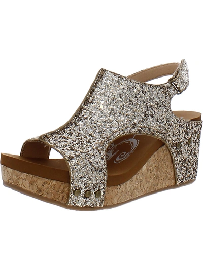 Very G Culver Womens Faux Leather Glitter Wedge Sandals In Gold