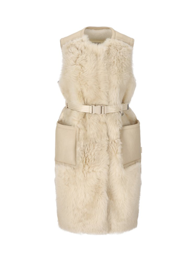 Moncler Coucou Shearling Long Down Gilet In Beige