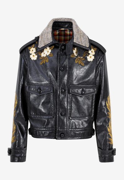 Etro Embroidered Faux-leather Shirt Jacket In Black