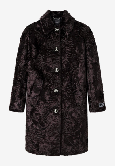 Versace Astrakan Faux Fur Logo Detail Coat In Dark Brown