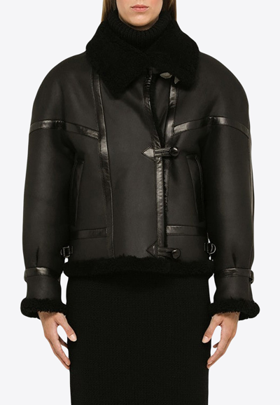 Saint Laurent Leather Shearling Jacket In Black