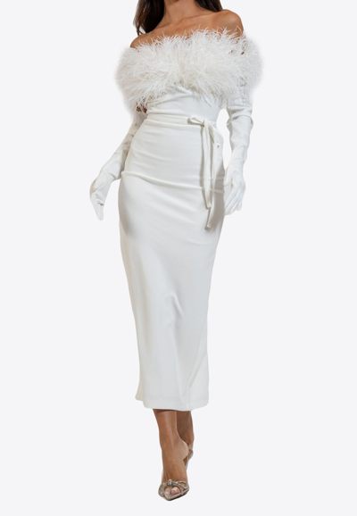 Zeena Zaki Sleeveless Feathered Midi Dress In White