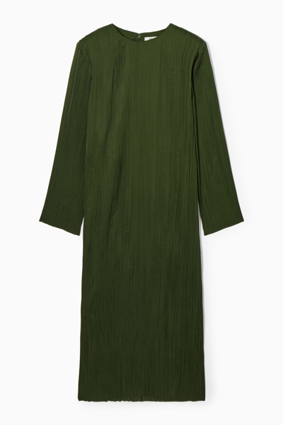 Cos Long-sleeved Plissé Midi Dress In Green