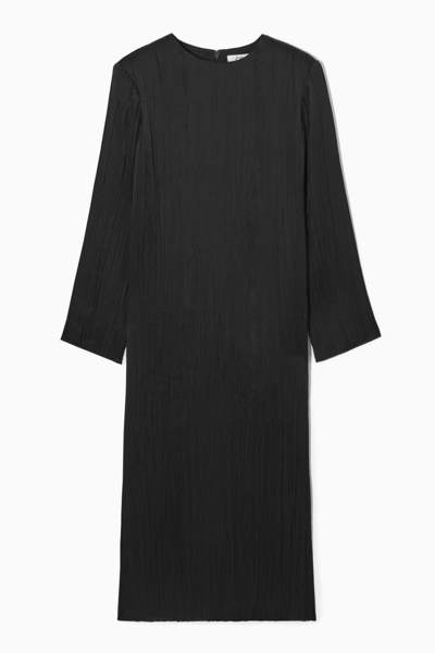Cos Long-sleeved Plissé Midi Dress In Black