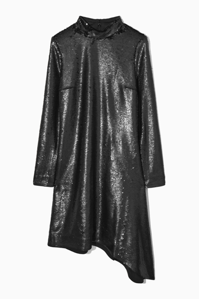 Cos Asymmetric Sequinned Mini Dress In Black