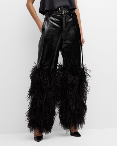 LAPOINTE HIGH-RISE FEATHER-TRIM PATENT FAUX LEATHER STRAIGHT-LEG BELTED TROUSERS