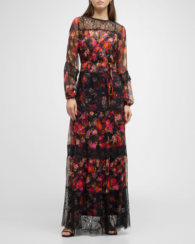 Johnny Was Tiered Floral-print Lace-trim Maxi Dress In Multi