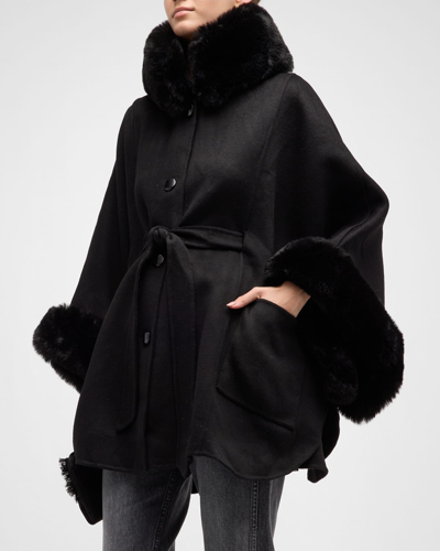 La Fiorentina Button-up Wool & Faux Fur Cape In Black