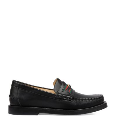 Gucci Kids' Interlocking G Web Leather Loafers In Black