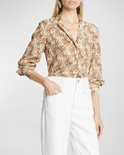 Isabel Marant Ilda Feather-print Silk Collared Blouse In Natural