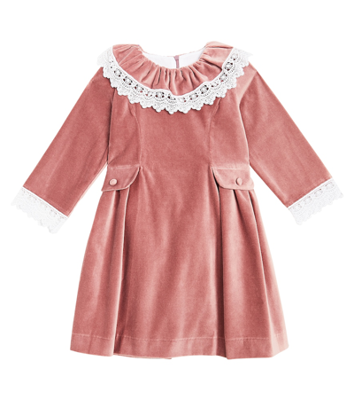 La Coqueta Kids' Maranta Lace-trimmed Cotton Velvet Dress In Pink