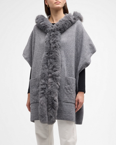 La Fiorentina Hooded Faux Fur Trim Cardigan In Grey