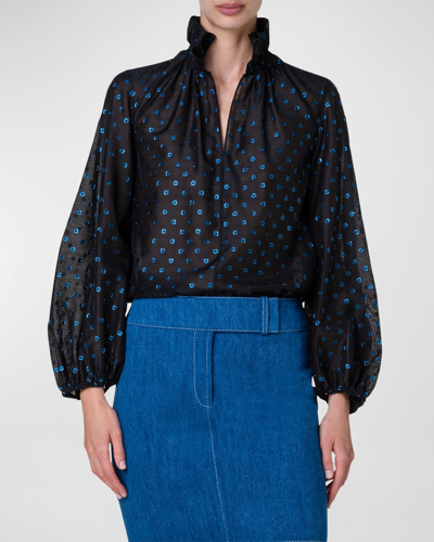 Akris Punto Metallic Dot Devore Ruffle-collar Long-sleeve Blouse In Black-ink