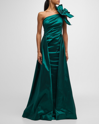Rickie Freeman For Teri Jon Pleated One-shoulder Jacquard Column Gown In Emerald