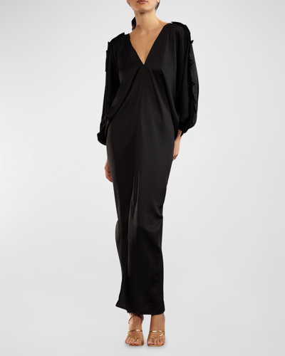 Cynthia Rowley Dolman Ruffle-trim Belted Maxi Dress In Black