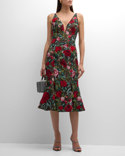 Dress The Population Black Label Isabelle Deep V-neck Embroidered Midi Dress In Black Multi