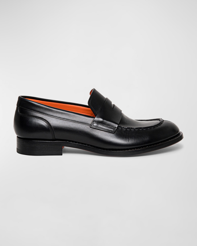 Santoni Bugloss Leather Penny Loafers In Black