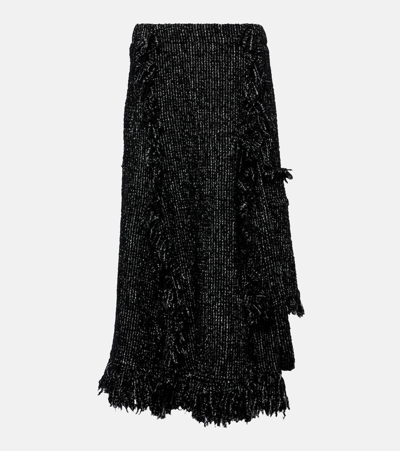 Sacai Fringed Flared Tweed Midi Skirt In Black