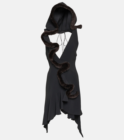 Coperni Faux Fur-trimmed Jersey Minidress In Black
