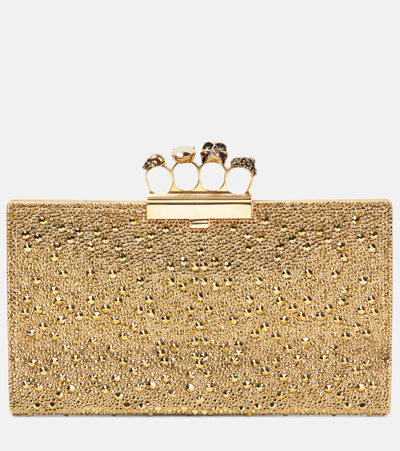 Alexander Mcqueen Jewelled Flat Embellished Leather Clutch In Gold
