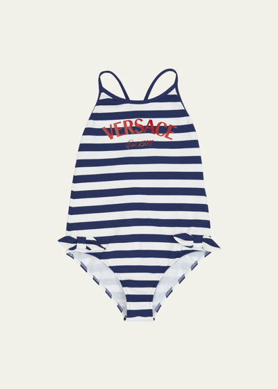 Versace Kids' Girl's Striped Logo-print One-piece Swimsuit In White Navy