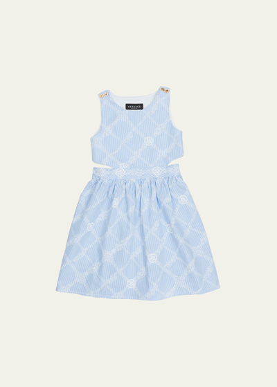 Versace Kids' Girl's Sleeveless Pop Stripe Rope Check Dress In White Light Blue