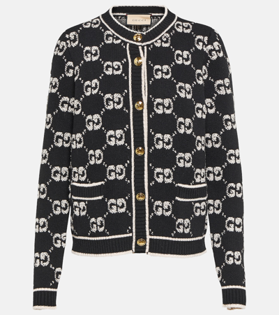 Gucci Wool Jacquard Gg Cardigan In Black