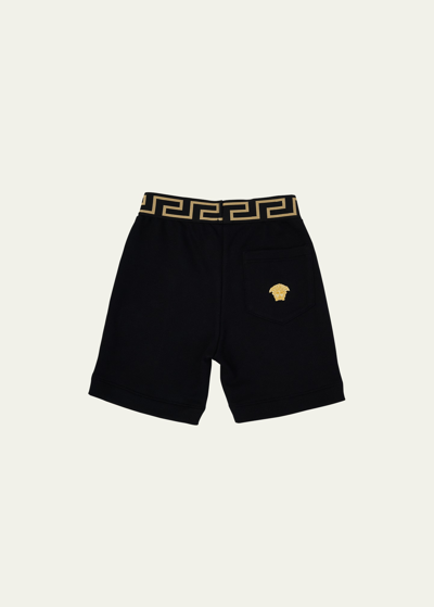Versace Kids' Boy's Greca Trim Fleece Shorts In Blackgold