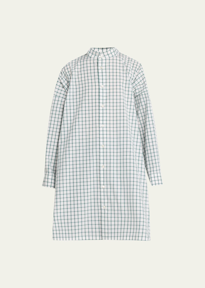 Eskandar Wide A-line Collarless Shirt (very Long Length) With Slits In Willowgreen
